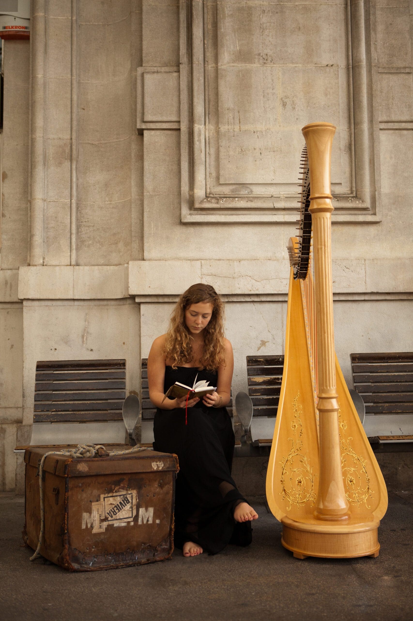 Portrait harpiste professionnelle avec son instrument